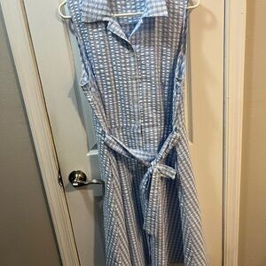 Chloe+Renee Blue Checkered Sleeveless Dress buttons pockets Waist Tie Size L.